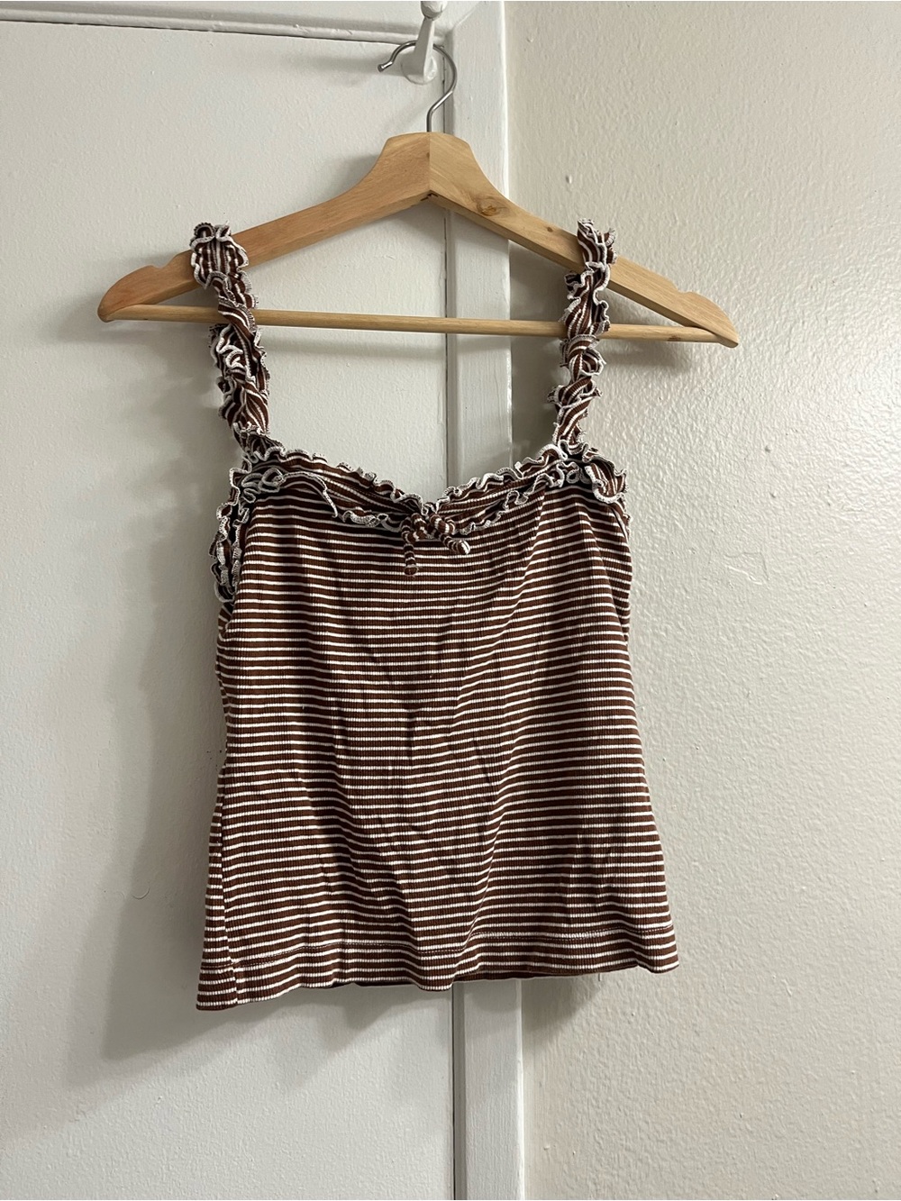 Maeve Brown & Cream Striped Ruffle-Trim Tank